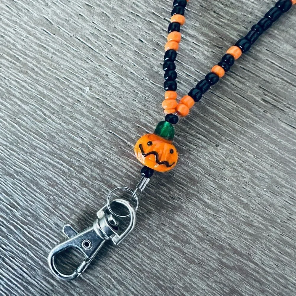 Halloween Pumpkin Jack o Lantern ID Badge Beaded Lanyard Necklace Clip